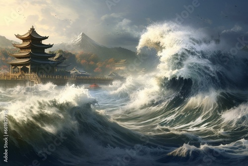 Fotografia Illustration depicting treacherous tsunami waves approaching a coastline
