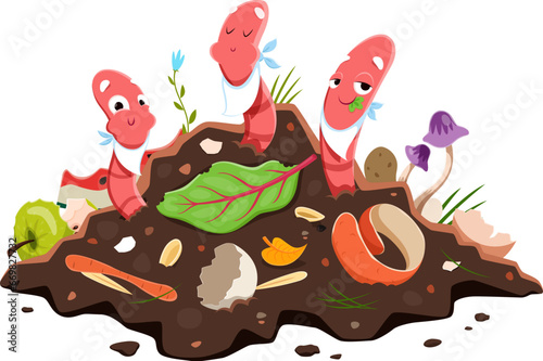 Cartoon earth worm characters eating compost or soil humus for vermicomposting vector poster. Funny earth worms in compost soil ground eating bio organic wastes or compostable organic garbage