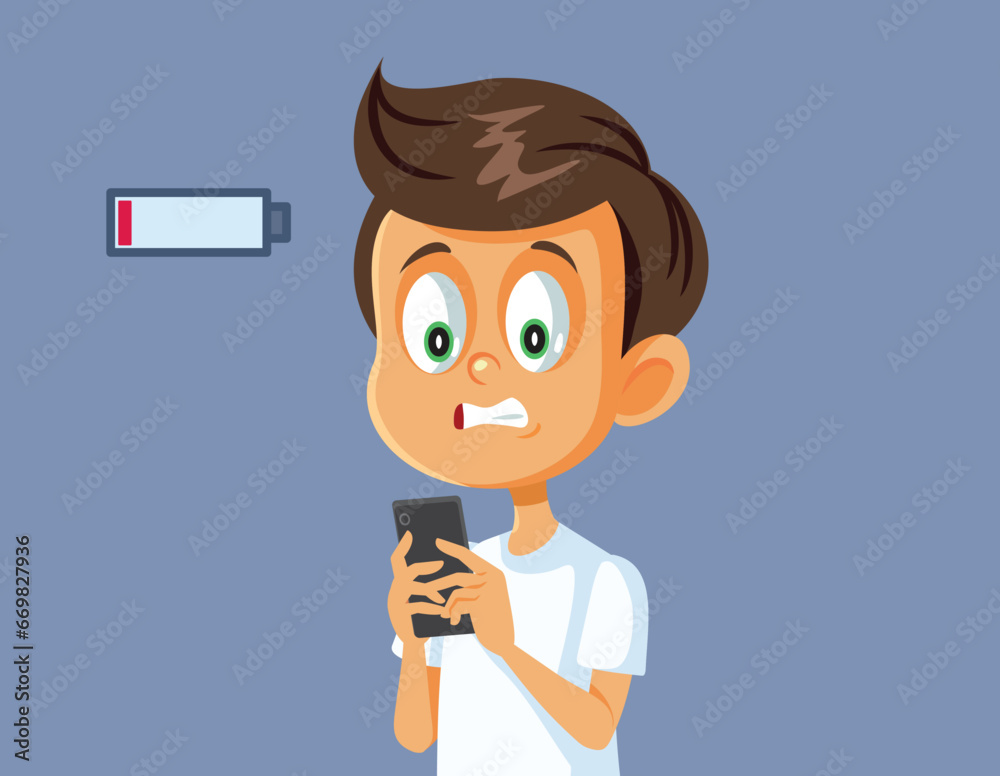 Stressing Child as the Phone Runs out of Battery Vector Cartoon. Kid feeling anxious with fear of missing out if Smartphone runs out of electric power
Stressing Child as the Phone Runs out of Battery Vector Cartoon. Kid feeling anxious with fear of missing out if Smartphone runs out of electric power