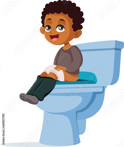 Toddler On the Toilet Happy to use it Vector Cartoon Design. Little kid using a special seat ring for using the bathroom at an early age
