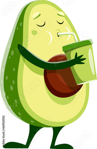 Cartoon avocado character drinking smoothie juice, vector kawaii emoji or emoticon. Cute avocado drinking avocado fruit smoothie from cup with drinking straw, fitness and healthy lifestyle character