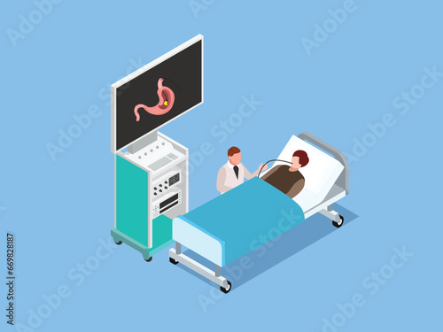 doctor sitting next to the patient bed doing Gastroscopy isometric 3d vector concept for illustration, banner, website, landing page, flyer, etc.