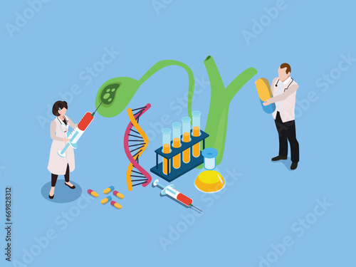 Scientists working in biotechnology lab isometric 3d vector concept for illustration, banner, website, landing page, flyer, etc.