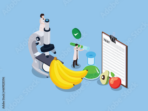 Biological scientists research of food isometric 3d vector concept for illustration, banner, website, landing page, flyer, etc.