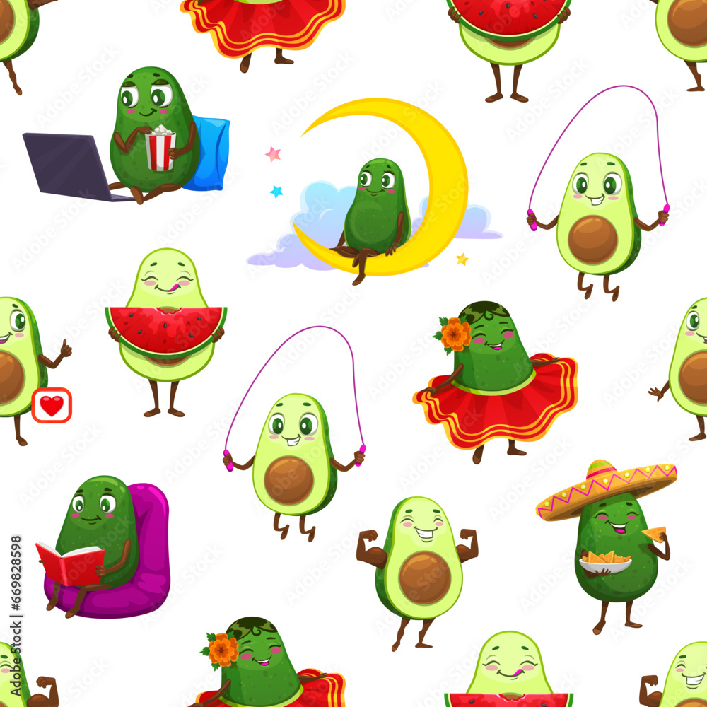 Fototapeta premium Cartoon Mexican avocado characters seamless pattern. Fabric seamless print or wrapper vector backdrop. Textile pattern with avocado cheerful personages eating chips, reading book and watching movie
