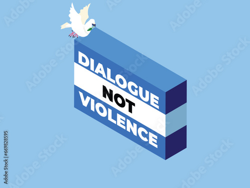 Peace dove symbol of piece with the text dialogue not violence - israel - palestine war isometric 3d vector concept for illustration, banner, website, landing page, flyer, etc.