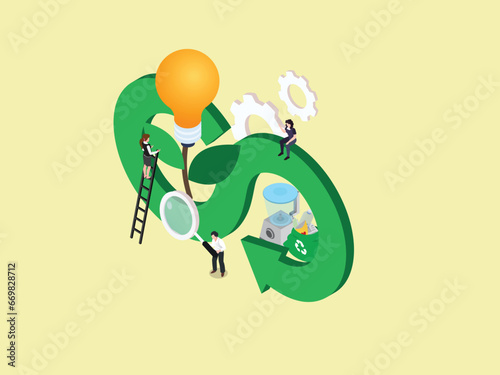 Circular economy manufacturing cycle, sustainable strategy isometric 3d vector concept for illustration, banner, website, landing page, flyer, etc.