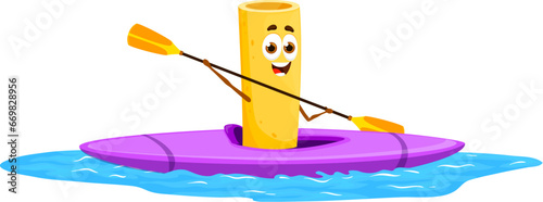 Cartoon cannelloni pasta character riding kayak on sea water, vector summer beach vacation. Cute kayaker macaroni personage of italian cuisine food sitting in recreational kayak boat with paddles