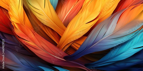 Colorful Feathered Symphony: An abstract image resembling a symphony of colorful feathers, arranged in harmonious patterns and bold, exotic colors, conjuring a sense of elegance and vivacity.