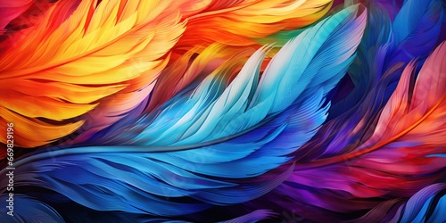 Colorful Feathered Symphony: An abstract image resembling a symphony of colorful feathers, arranged in harmonious patterns and bold, exotic colors, conjuring a sense of elegance and vivacity. © AlexRillos
