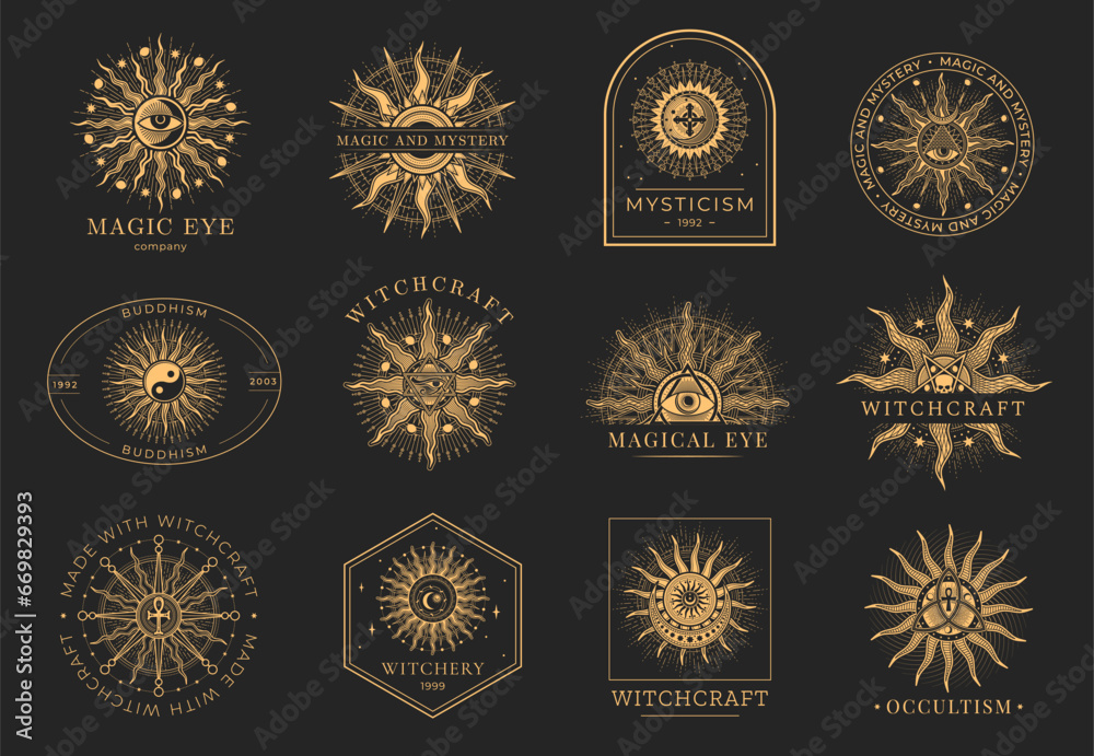 Occult, witchcraft and magic icons or symbols. Esoteric signs, tarot cards arcana, witchcraft or mason occult outline vector signs set with sun, All-Seeing Eye, yin and yang symbols, egyptian ankh - obrazy, fototapety, plakaty 