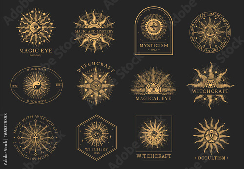 Occult, witchcraft and magic icons or symbols. Esoteric signs, tarot cards arcana, witchcraft or mason occult outline vector signs set with sun, All-Seeing Eye, yin and yang symbols, egyptian ankh