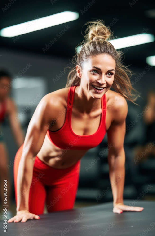 Portrait of blonde woman working out at gym and doing fitness exercises. healthy concept