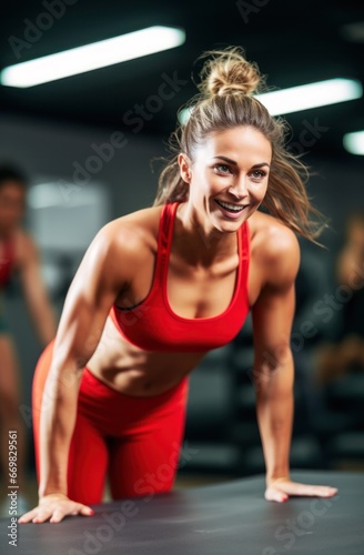 Portrait of blonde woman working out at gym and doing fitness exercises. healthy concept