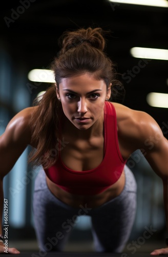 Portrait of blonde woman working out at gym and doing fitness exercises. healthy concept