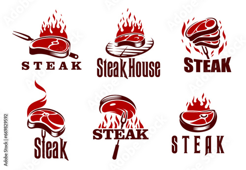 Steak grill icons, barbecue isolated vector emblems. Restaurant or steak house identity labels with grilled piece of meat, flaming fire, grid and fork. Bbq party symbols, set of vintage retro badges