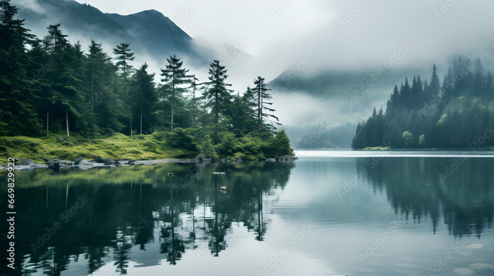 A minimalist composition capturing the mystique of a foggy day, with soft fog enveloping the mountains and creating a serene and dreamy reflection on the tranquil lake.