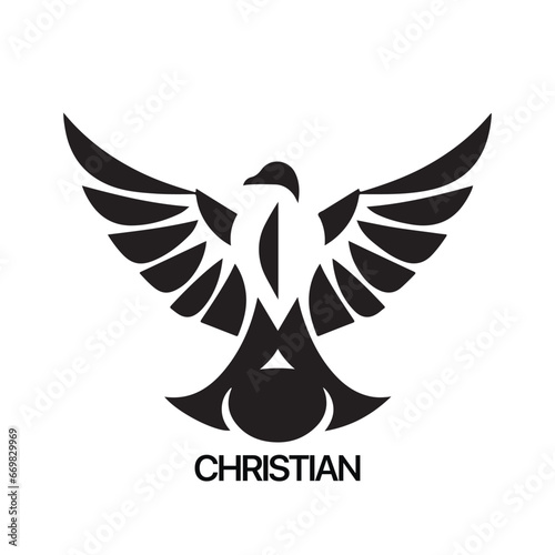 Christian Logo template with dove, pigeon. Black and white christian holy spirit symbol.