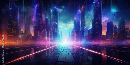 Digital Abstract City Grid: An intricate abstract grid representing a futuristic cityscape, with neon lights and circuitry, set against a cool, technologically-inspired color palette. © AlexRillos