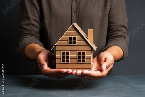 Man in dark shirt holds in hands wooden house model. Real estate mortgage protection security safety business investment, home insurance residential home concept