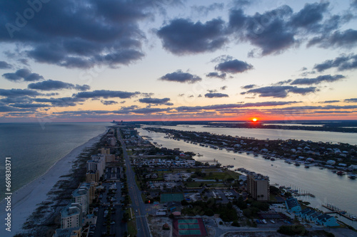 Aerial view of Perdido Key beach at sunset