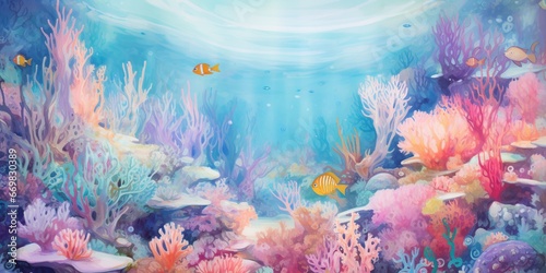 Dreamy Underwater World: An ethereal representation of a surreal underwater world, featuring vibrant marine life, coral formations, and gentle currents in a vivid and enchanting color palette photo