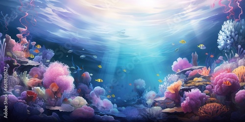 Dreamy Underwater World: An ethereal representation of a surreal underwater world, featuring vibrant marine life, coral formations, and gentle currents in a vivid and enchanting color palette. © AlexRillos
