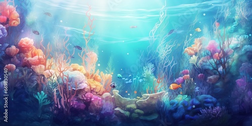 Dreamy Underwater World: An ethereal representation of a surreal underwater world, featuring vibrant marine life, coral formations, and gentle currents in a vivid and enchanting color palette. © AlexRillos