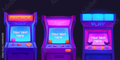 Arcade video game machine computer screen vector. 80s or 90s vintage gamer interface template isolated graphic element illustration. Digital gamepad to play and have fun. Classic old monitor design