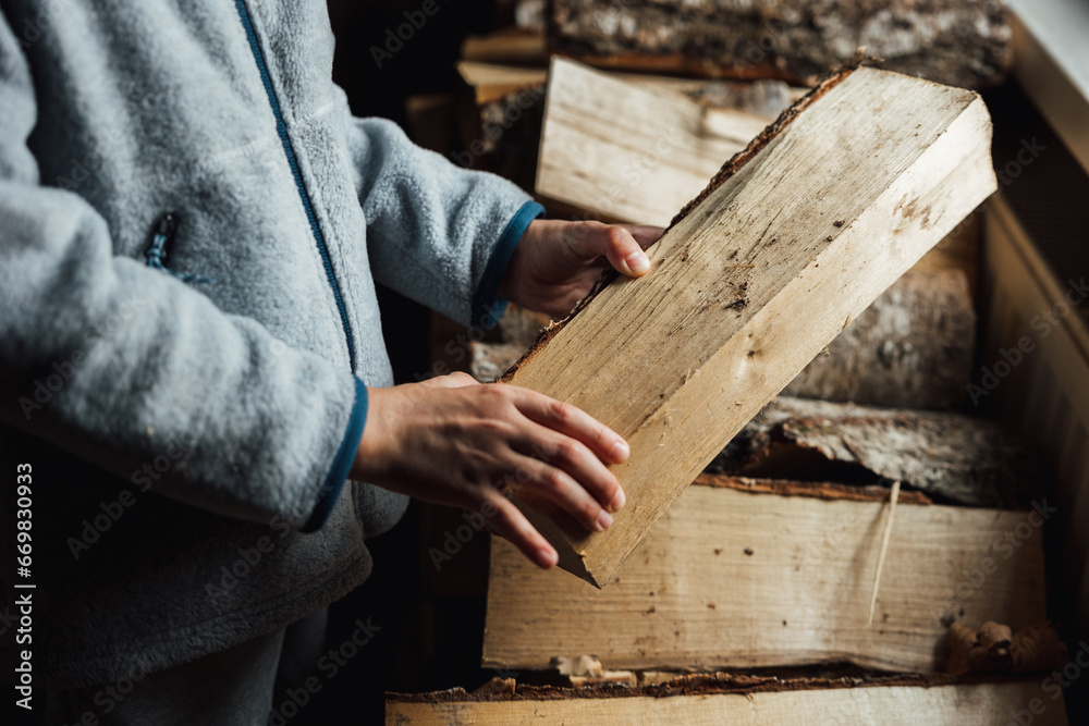 The boy is holding a log above the woodpile The boy is holding a log above the woodpile