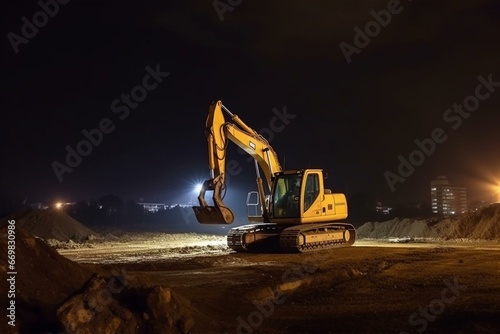 construction site at night excavator moving soil. Generative AI