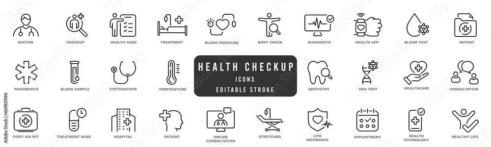 Health checkup line icon set. Medical care patient diagnosis icon collection. Editable strokes - obrazy, fototapety, plakaty 