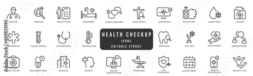 Health checkup line icon set. Medical care patient diagnosis icon collection. Editable strokes photo