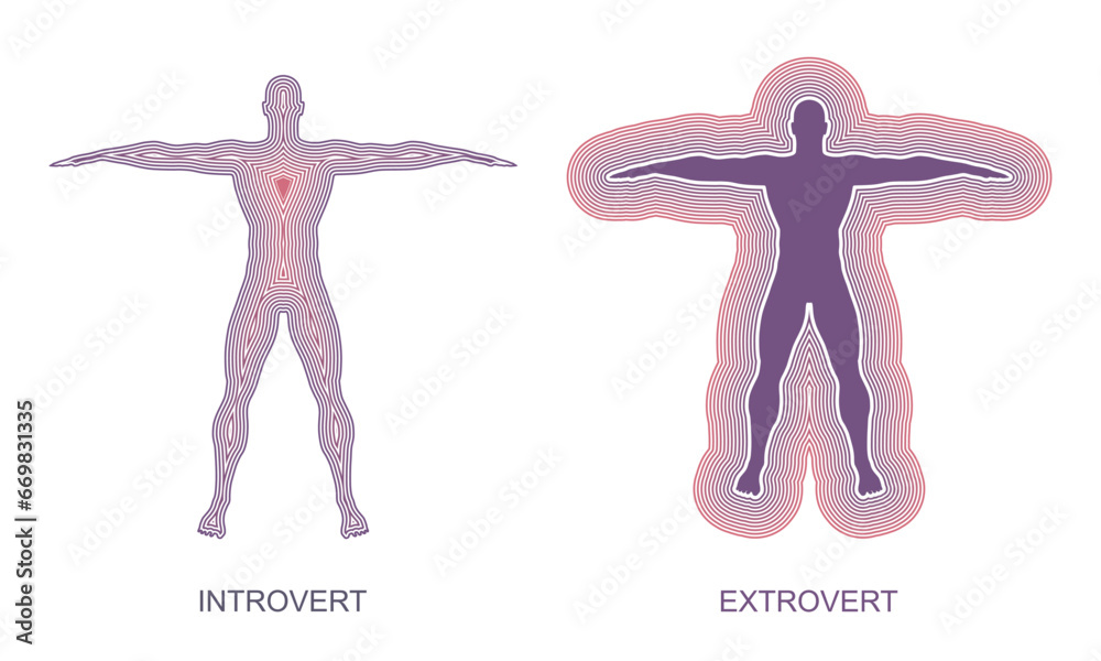 Introvert and extrovert comparison. Human outline silhouettes. Different character social individuality with feelings and emotions expression or holding them inside Introvert and extrovert comparison. Human outline silhouettes. Different character social individuality with feelings and emotions expression or holding them inside