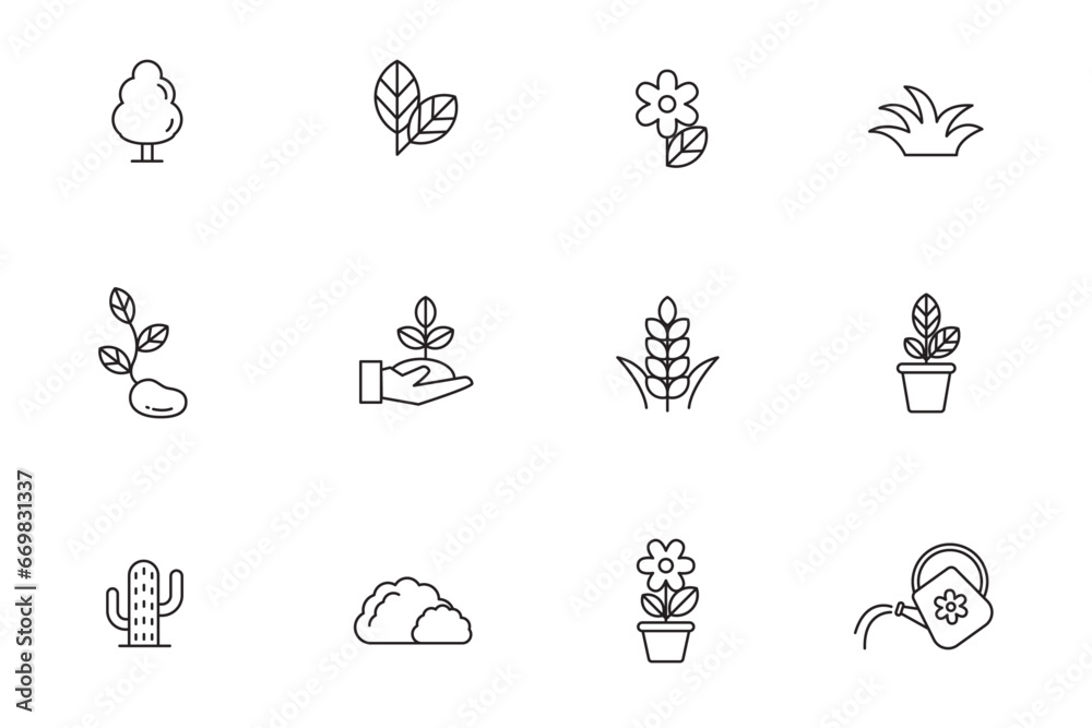 Fototapeta premium Set of plant icons in line style on white background. Plants vector illustration