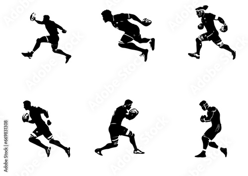 Rugby player with ball, isolated vector silhouette.
