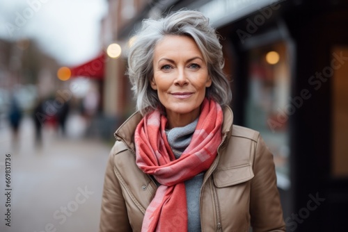 Portrait of happy senior woman walking in the city. Mature woman wearing warm clothing and scarf.
