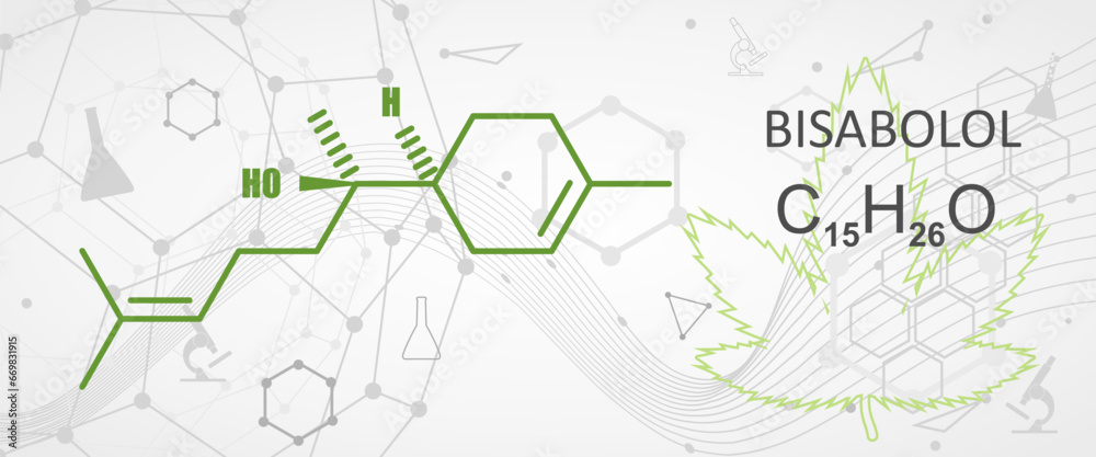 Fototapeta premium Bisabolol or levomenol molecule. It is natural monocyclic sesquiterpene alcohol, used in various fragrances. Skeletal chemical formula.