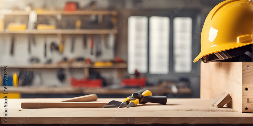 Wooden tabletop counter with construction helmet. in front out of focus Tool storage room. copy space. Wooden tabletop counter with construction helmet. in front out of focus Tool storage room. copy space.
