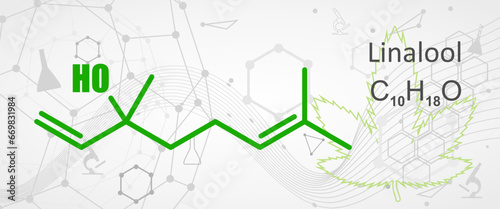 Structural chemical formula of linalool. Linalool is an aromatic terpene, the major component of essential oils, used in floral fragrances.