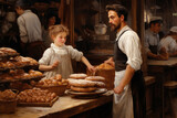 The baker works in his own bakery. Preparing for the working day and selling fresh baked goods