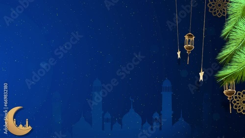 Ornamental Arabic lantern burning candle glowing at night glittering golden bokeh lights. Festive greeting card, invitation Muslim holy month Ramadan Kareem. Ramadan candle lantern and mosque. photo