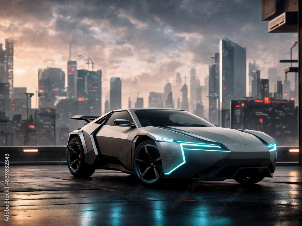 futuristic sports car stands in the background of cyberpunk city. Generative AI.