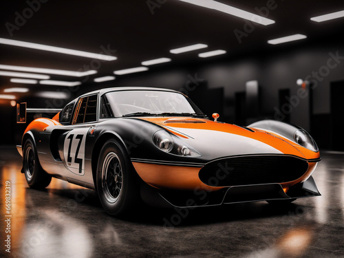 a retro sports car is parked in a locked garage.. Generative AI. © ASPmedia