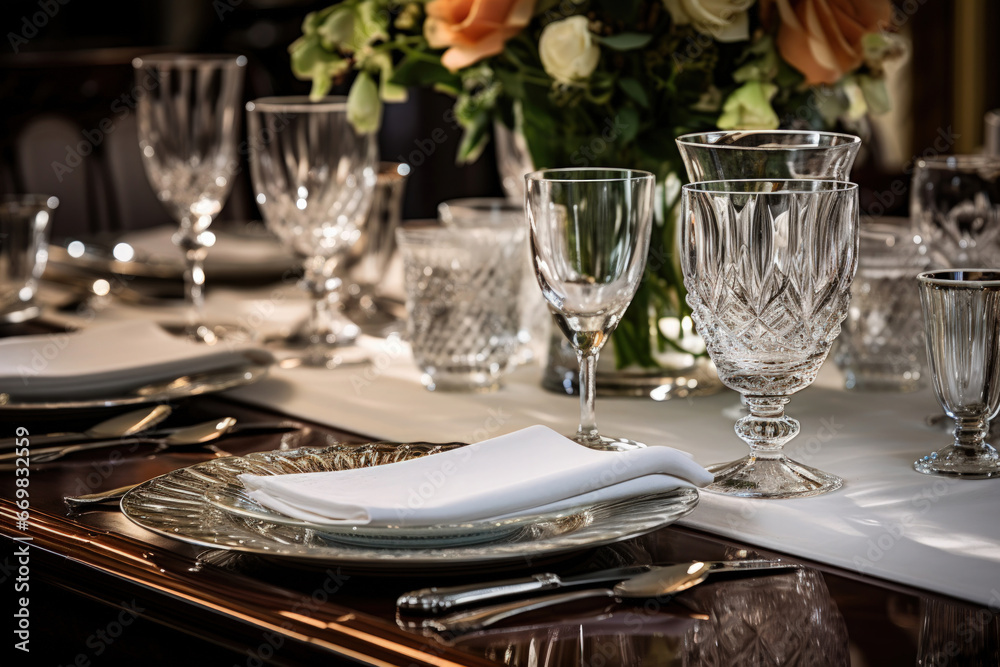 Elegant classic table setting with crystal glasses and plates made from the finest porcelain