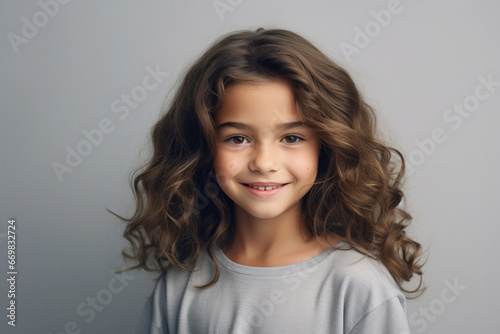 girl with an unusual appearance stands on a plain background, soft smile, studio soft light, high key photo