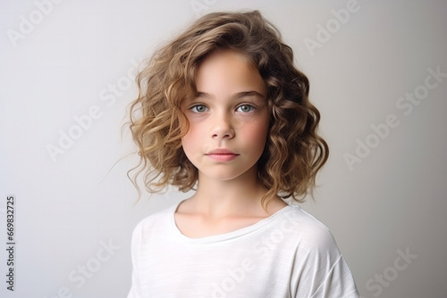 girl with an unusual appearance stands on a plain background  soft smile  studio soft light  high key photo