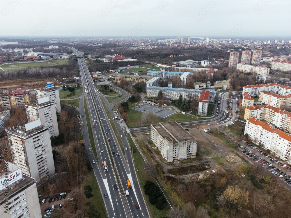 Drone view of Belgrade city, New Belgrade district