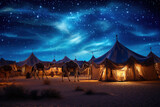 Arabian desert oasis with colorful tents, camels, and a starry night sky