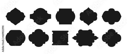 Black silhouette  text box, retro label, frame. Set of form for text. Blank retro shape of badge, discount sales tag, insignia, price sticker. Collection of different vector icons.
